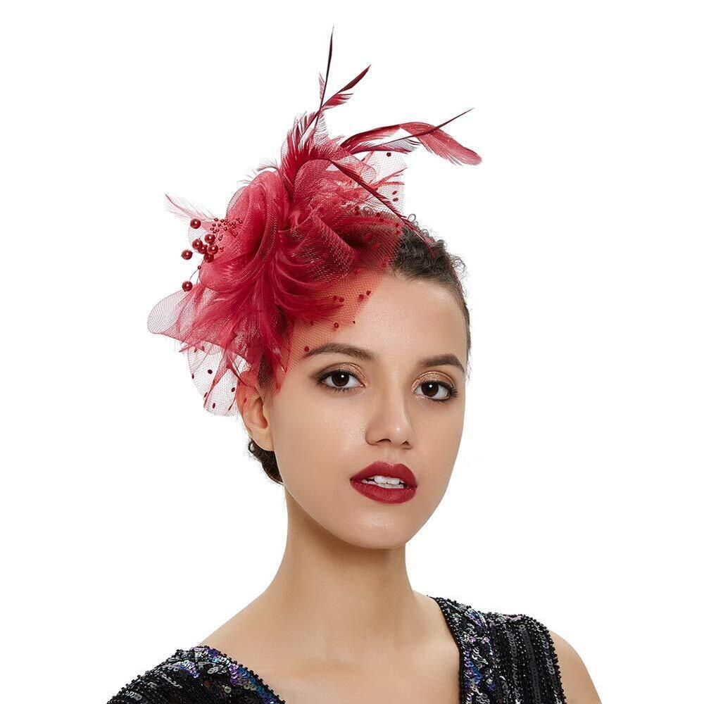 4149 1920s Women's Burgundy Fascinator Feather Kentucky Tea Party Hat With - Picture 4 of 7